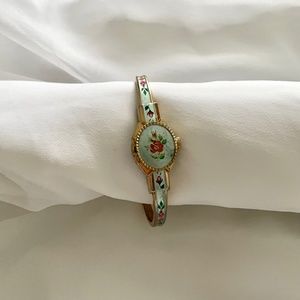Rare Vintage Curtis Blue/Green Flower Peek-A-Boo Gold Watch